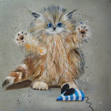 Painting titled "Petit chaton" by Arina Tcherem, Original Artwork, Oil Mounted on Wood Stretcher frame