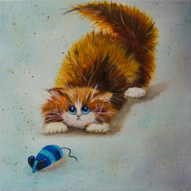 Painting titled "Chaton roux" by Arina Tcherem, Original Artwork, Oil Mounted on Wood Stretcher frame