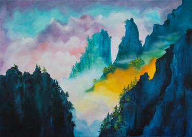 Peinture intitulée "Montagnes dans le b…" par Arina Tcherem, Œuvre d'art originale, Huile Monté sur Châssis en bois