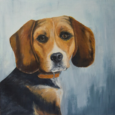 Painting titled "Beagle" by Arina Tcherem, Original Artwork, Oil Mounted on Wood Stretcher frame