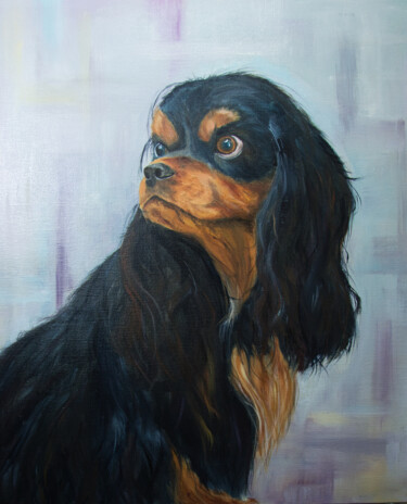 Painting titled "Cavalier King Charl…" by Arina Tcherem, Original Artwork, Oil Mounted on Wood Stretcher frame