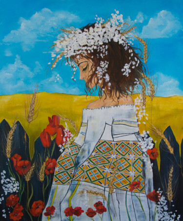 Painting titled "Espoir ukrainien" by Arina Tcherem, Original Artwork, Oil Mounted on Wood Stretcher frame