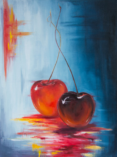 Painting titled "Cerises" by Arina Tcherem, Original Artwork, Oil Mounted on Wood Stretcher frame