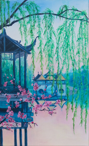 Painting titled "Paysage japonais" by Arina Tcherem, Original Artwork, Oil Mounted on Wood Stretcher frame