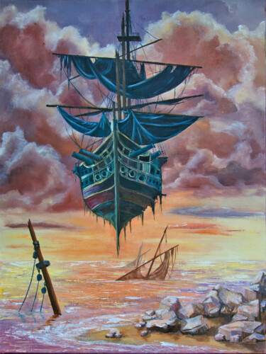 Painting titled "Flying dutchman" by Arina Tcherem, Original Artwork, Oil Mounted on Wood Stretcher frame