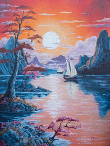 Peinture intitulée "La pêche matinale" par Arina Tcherem, Œuvre d'art originale, Huile Monté sur Châssis en bois
