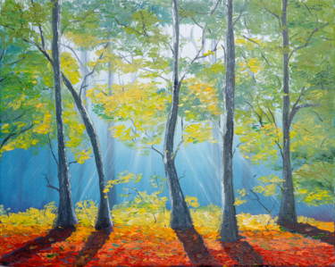 Painting titled "Forêt à l'aube" by Arina Tcherem, Original Artwork, Oil