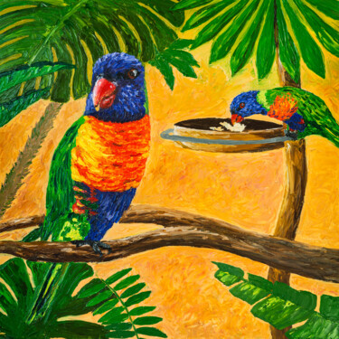 Painting titled "Australian Parrots…" by Arina Yastrebova, Original Artwork, Oil Mounted on Wood Stretcher frame
