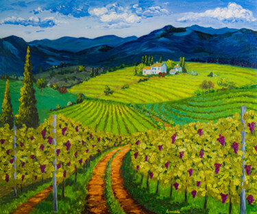 Painting titled "Tuscany Vineyards I…" by Arina Yastrebova, Original Artwork, Oil Mounted on Wood Stretcher frame