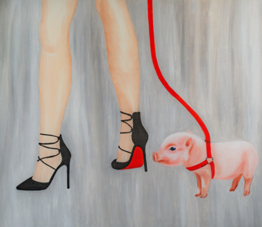 Painting titled "Walking Mini Pig, A…" by Arina Yastrebova, Original Artwork, Oil Mounted on Wood Stretcher frame