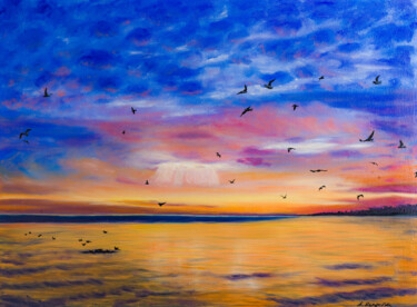 Картина под названием "Sunset Seagulls Sea…" - Arina Yastrebova, Подлинное произведение искусства, Масло Установлен на Дерев…
