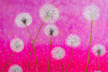 Painting titled "Fluffy Dandelions A…" by Arina Yastrebova, Original Artwork, Oil Mounted on Wood Stretcher frame