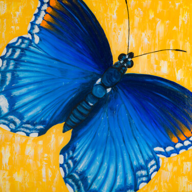 Painting titled "Blue Morpho Butterf…" by Arina Yastrebova, Original Artwork, Oil Mounted on Wood Stretcher frame
