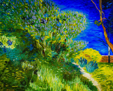 Ζωγραφική με τίτλο "Lilac Bush Blooming…" από Arina Yastrebova, Αυθεντικά έργα τέχνης, Λάδι Τοποθετήθηκε στο Ξύλινο φορείο σ…