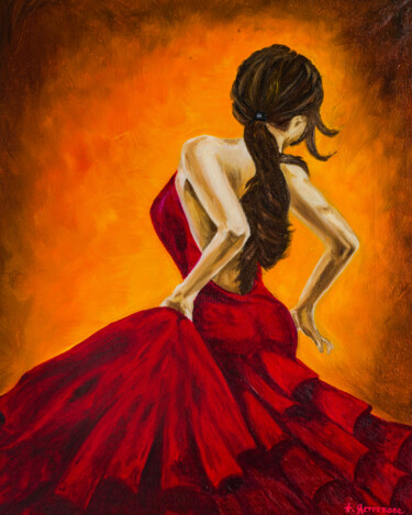 Painting titled "Flamenco Dancer, Sp…" by Arina Yastrebova, Original Artwork, Oil Mounted on Wood Stretcher frame