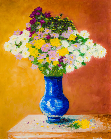 Painting titled "Bouquet of flowers…" by Arina Yastrebova, Original Artwork, Oil Mounted on Wood Stretcher frame