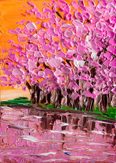 Pintura titulada "Sakura Tree Blossom…" por Arina Yastrebova, Obra de arte original, Oleo Montado en Cartulina