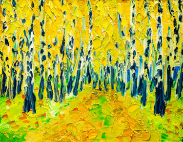 Painting titled "Fall Birch Tree For…" by Arina Yastrebova, Original Artwork, Oil Mounted on Cardboard
