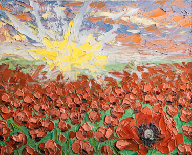 Painting titled "Red Poppy Field Sun…" by Arina Yastrebova, Original Artwork, Oil Mounted on Cardboard