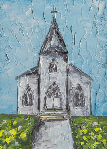 Картина под названием "Country Church Litt…" - Arina Yastrebova, Подлинное произведение искусства, Масло Установлен на картон