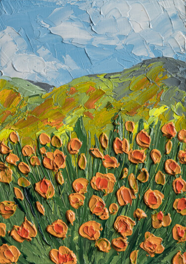 Картина под названием "California Poppy Fi…" - Arina Yastrebova, Подлинное произведение искусства, Масло Установлен на картон