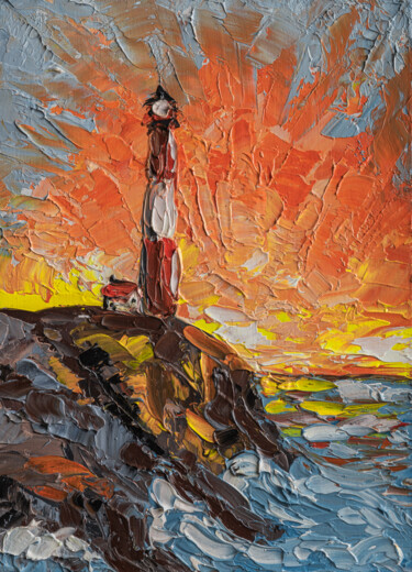 Peinture intitulée "Sunset Lighthouse C…" par Arina Yastrebova, Œuvre d'art originale, Huile Monté sur Carton
