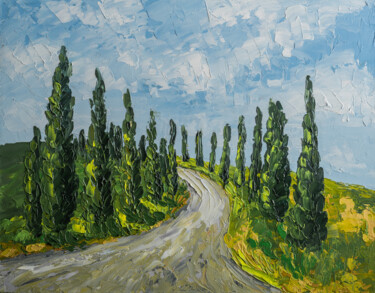 Painting titled "Tuscany Cypress Tre…" by Arina Yastrebova, Original Artwork, Oil Mounted on Cardboard