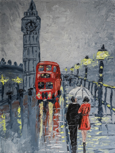 Pittura intitolato "Rainy London Street…" da Arina Yastrebova, Opera d'arte originale, Olio Montato su Cartone
