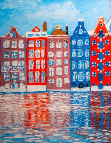 Schilderij getiteld "Colorful Amsterdam…" door Arina Yastrebova, Origineel Kunstwerk, Olie Gemonteerd op Karton