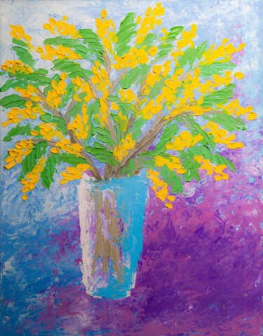 Painting titled "Bouquet of Mimosa,…" by Arina Yastrebova, Original Artwork, Oil Mounted on Cardboard