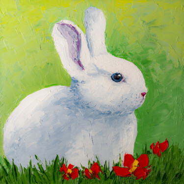 Painting titled "White March Bunny,…" by Arina Yastrebova, Original Artwork, Oil Mounted on Cardboard