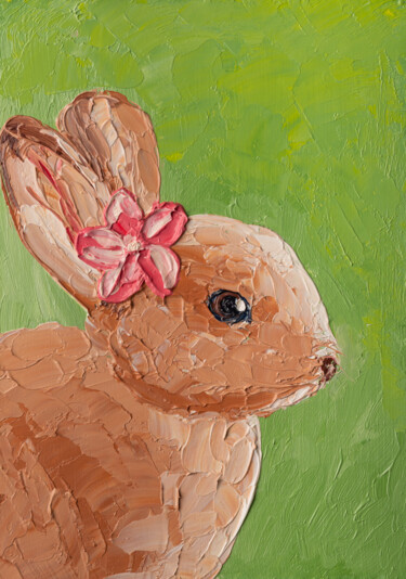 Painting titled "Brown Bunny Baby, R…" by Arina Yastrebova, Original Artwork, Oil Mounted on Cardboard