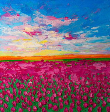 Painting titled "Colorful Tulip Fiel…" by Arina Yastrebova, Original Artwork, Oil Mounted on Cardboard