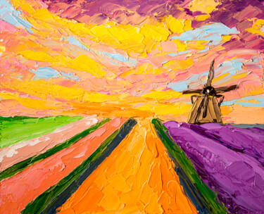 Pintura intitulada "Tulip Field Sunset…" por Arina Yastrebova, Obras de arte originais, Óleo Montado em Cartão