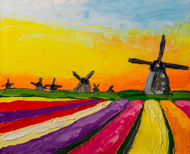 Pintura intitulada "Colorful Tulip Fiel…" por Arina Yastrebova, Obras de arte originais, Óleo Montado em Cartão