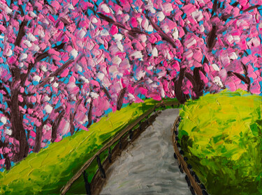 Pittura intitolato "Cherry Trees Blosso…" da Arina Yastrebova, Opera d'arte originale, Olio