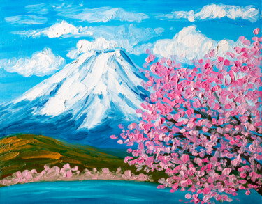 Painting titled "Cherry Blossom Fuji…" by Arina Yastrebova, Original Artwork, Oil