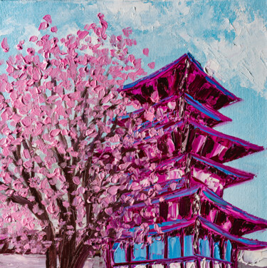 Schilderij getiteld "Sakura Tree Pagoda,…" door Arina Yastrebova, Origineel Kunstwerk, Olie