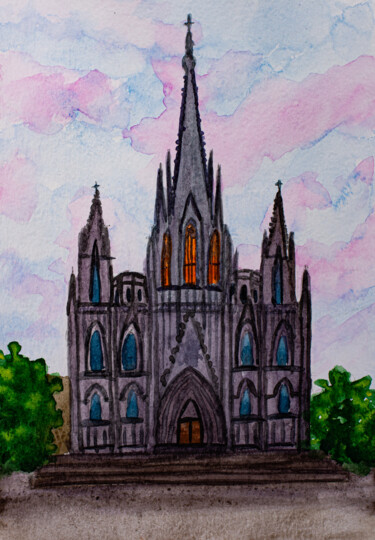 Schilderij getiteld "Barcelona Cathedral…" door Arina Yastrebova, Origineel Kunstwerk, Aquarel