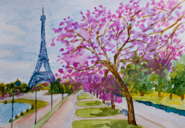 Peinture intitulée "Eiffel Tower and Sa…" par Arina Yastrebova, Œuvre d'art originale, Aquarelle