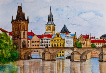 Schilderij getiteld "Charles Bridge in P…" door Arina Yastrebova, Origineel Kunstwerk, Aquarel