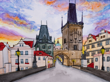 Peinture intitulée "Prague Cityscape Su…" par Arina Yastrebova, Œuvre d'art originale, Aquarelle