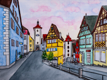 Malarstwo zatytułowany „Rothenburg Cityscap…” autorstwa Arina Yastrebova, Oryginalna praca, Akwarela