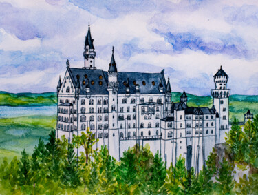 Pittura intitolato "Neuschwanstein Cast…" da Arina Yastrebova, Opera d'arte originale, Acquarello