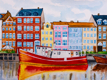 Schilderij getiteld "Copenhagen cityscap…" door Arina Yastrebova, Origineel Kunstwerk, Aquarel