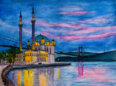 Peinture intitulée "Ortakoy Mosque, Ist…" par Arina Yastrebova, Œuvre d'art originale, Aquarelle