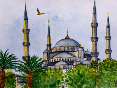Malarstwo zatytułowany „Blue Mosque in Ista…” autorstwa Arina Yastrebova, Oryginalna praca, Akwarela