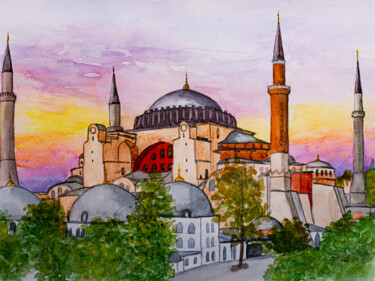 Pittura intitolato "Hagia Sophia Mosque…" da Arina Yastrebova, Opera d'arte originale, Acquarello