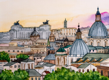 Malarstwo zatytułowany „Evening Rome Citysc…” autorstwa Arina Yastrebova, Oryginalna praca, Akwarela
