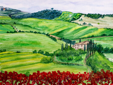 Pittura intitolato "Tuscany Vineyards,…" da Arina Yastrebova, Opera d'arte originale, Acquarello